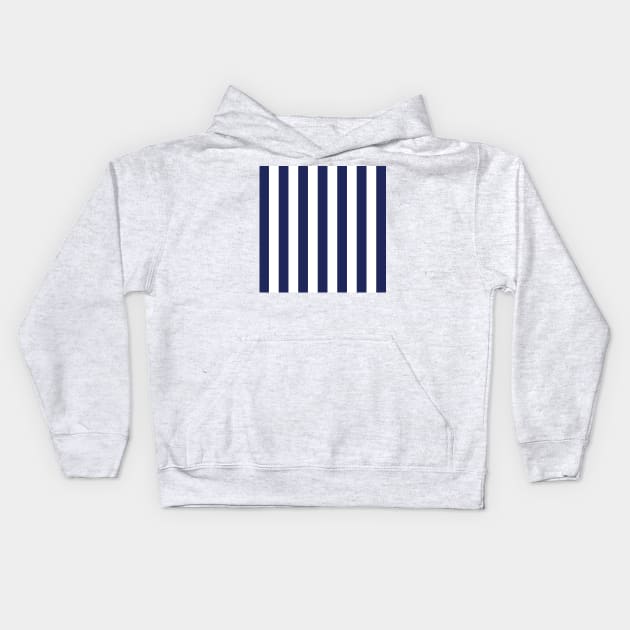 Navy Blue and White Stripes, Vertical Awning Stripes Kids Hoodie by AmyBrinkman